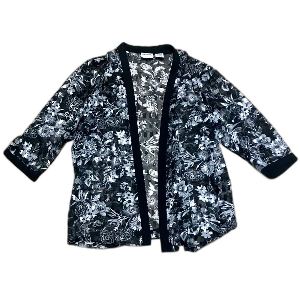 Vintage Bon Worth Black and White Floral Print Kimono Sleeve Cardigan Size Large - Picture 1 of 5